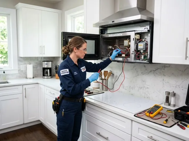 Appliance Repair Hero technician testing an over-the-range microwave in a Black Creek, NC kitchen